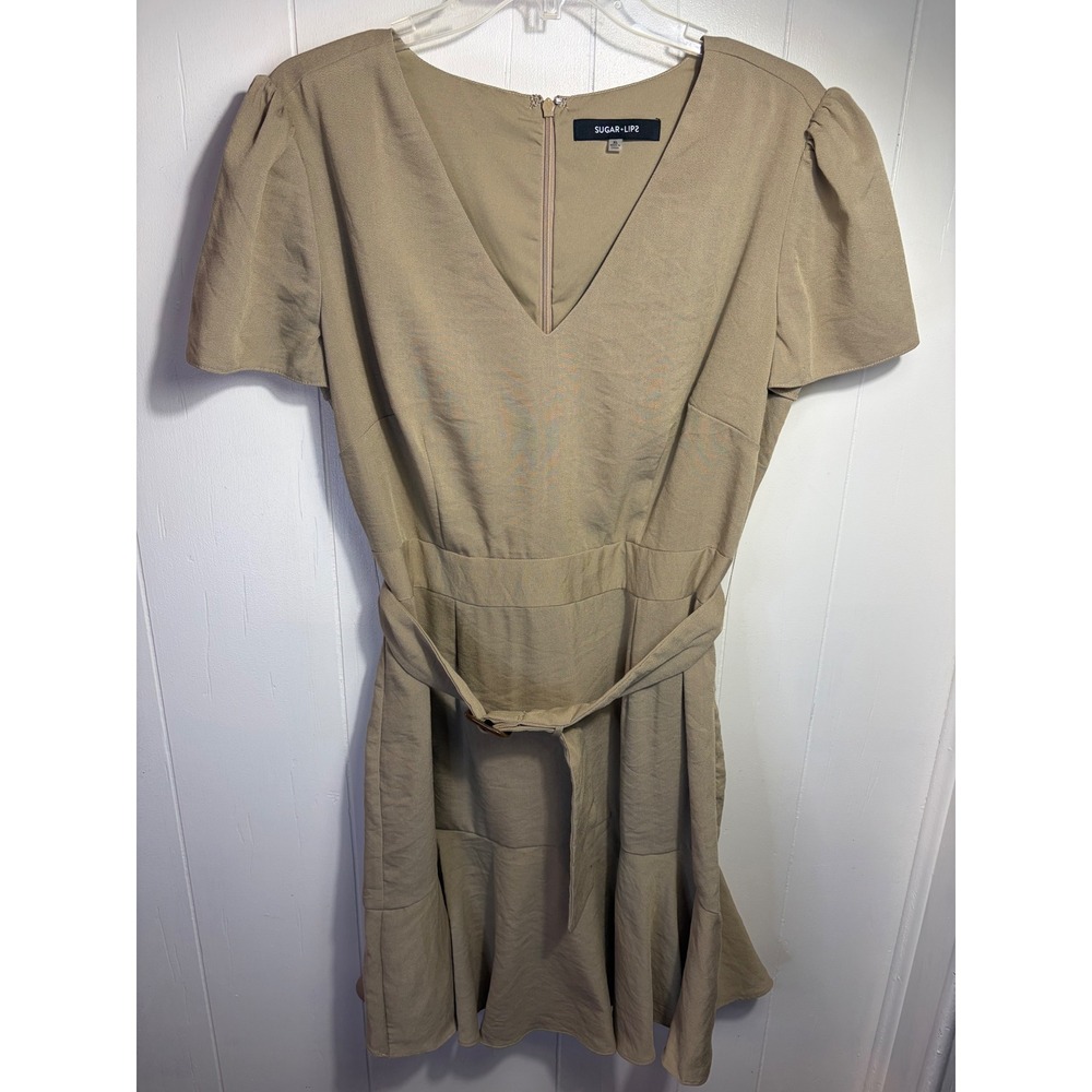 Sugar Lips Tan V-Neck Belted Ruffle Hem Mini Dress XL STD12598DR Khaki